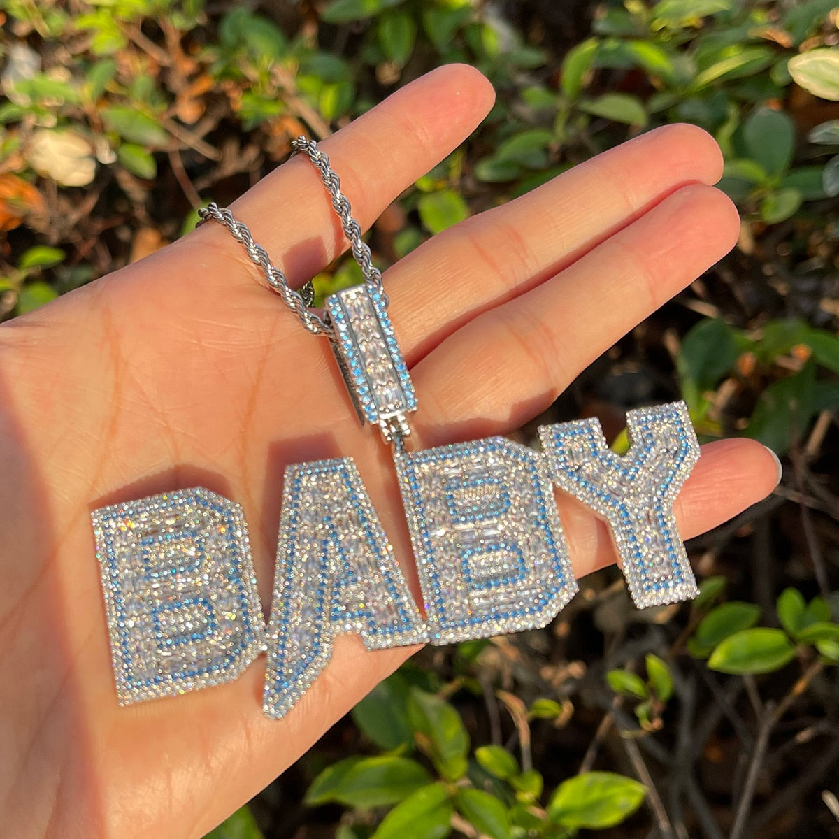 Special Blue Stones Detailed Popular Font Custom Name Necklace