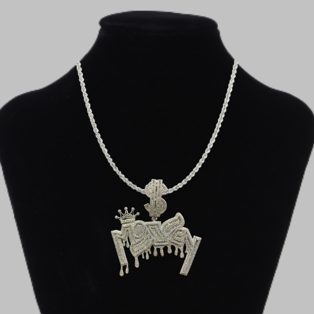 Money with Dollar Bail Iced Out Letter Diamond Pendant Necklace